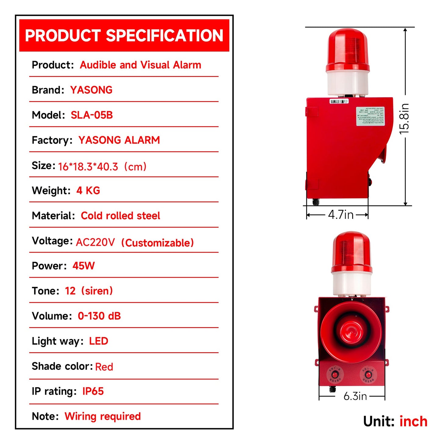 YASONG Security Outdoor ALarm Siren Loud 130dB IP65 Waterproof Adjustable Sound Alarm System with Timer Emergency Siren Strobe Light SLA-05B1