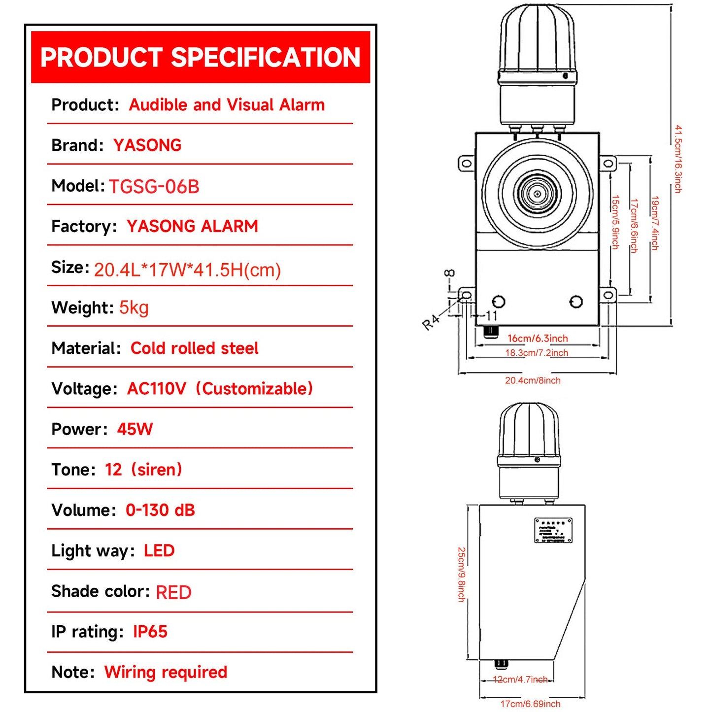 YASONG One Button Siren Alarm 130db Horn 12Tone Tornado Fire Alarm Siren Home Security System Alarm Range of 150m-300m for Warehouse Factory Farm Harbor Dock SLA-06BZ
