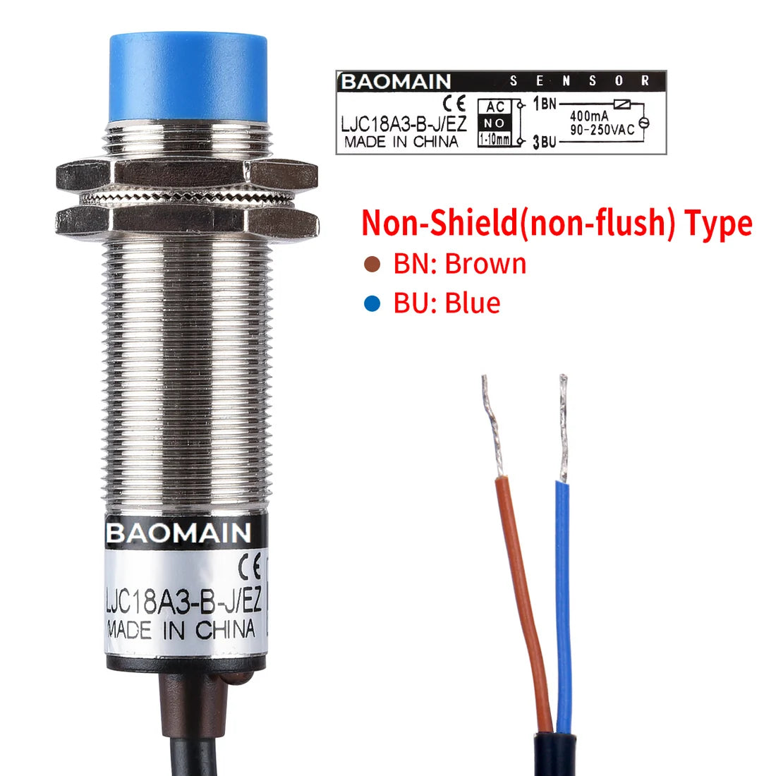 Baomain M18 Capacitance Proximity Sensor Switch LJC18A3-B-J/EZ NO AC 90-250V 200mA Detect 1-10 mm