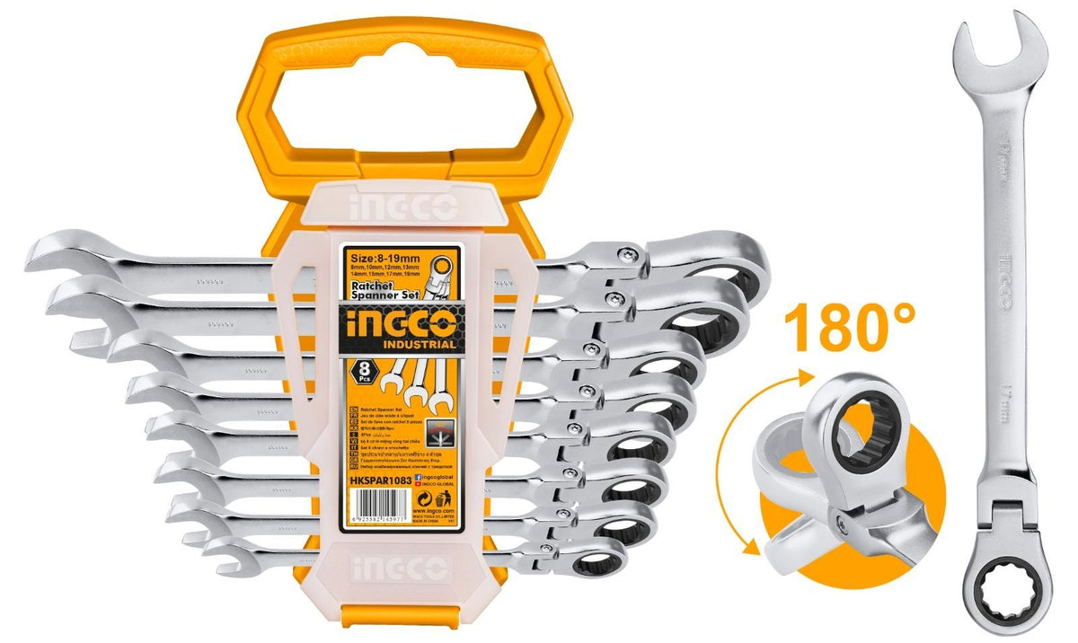 INGCO 8pcs Flex Ratchet Combi Spanner set 8,10,12,13,14,15,17,19 HKSPAR1083