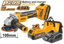 INGCO 20V 2X4.0Ah LI-ION 100mm (4") Brushless Angle Grinder CAGLI10022