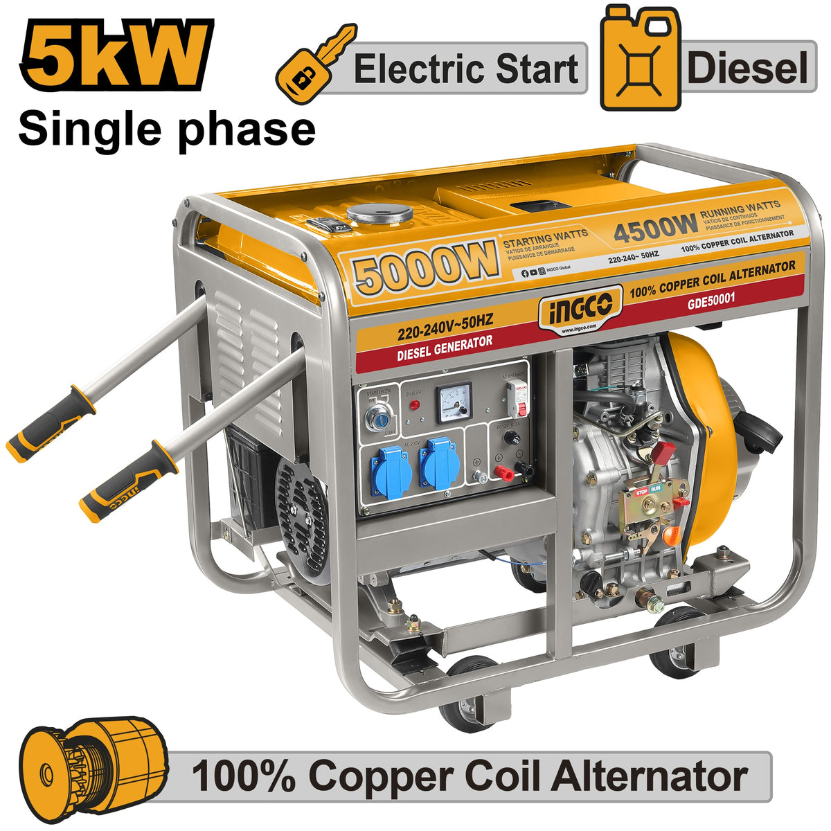INGCO Diesel Generator Electric Start, Max 5kW Rated 4.5kW GED50001 GDE50001