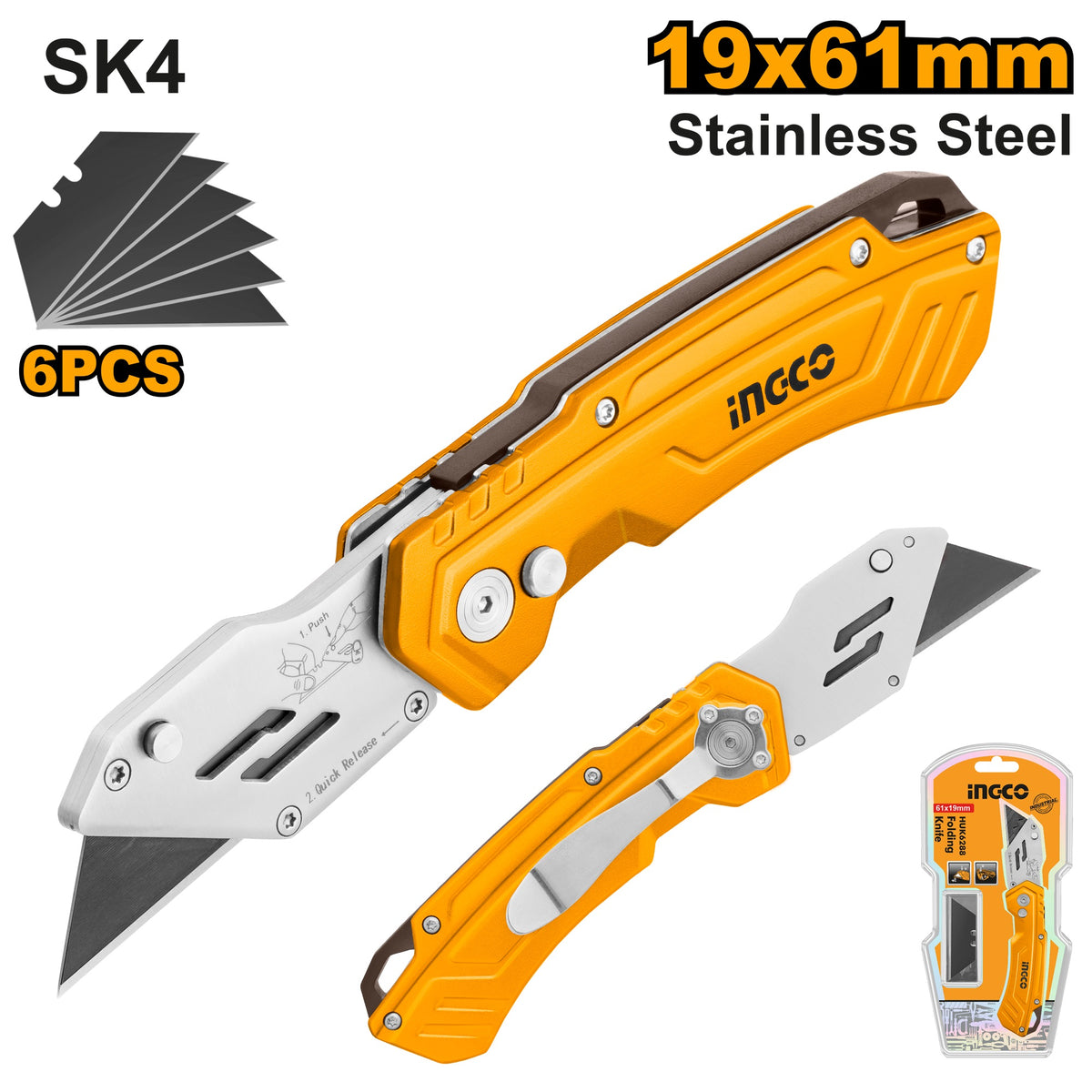 INGCO Stainless Steel Folding Knife 180mm + 6pcs SK5 Blade HUK6288