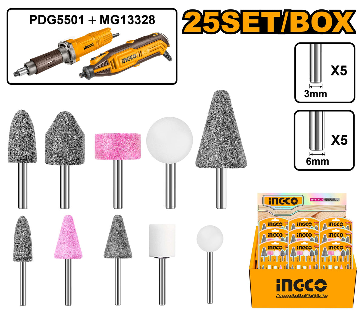 INGCO 10pcs (5X6mm, 5X3mm) Die Grinder Mounted Stone Bit set AKB1001