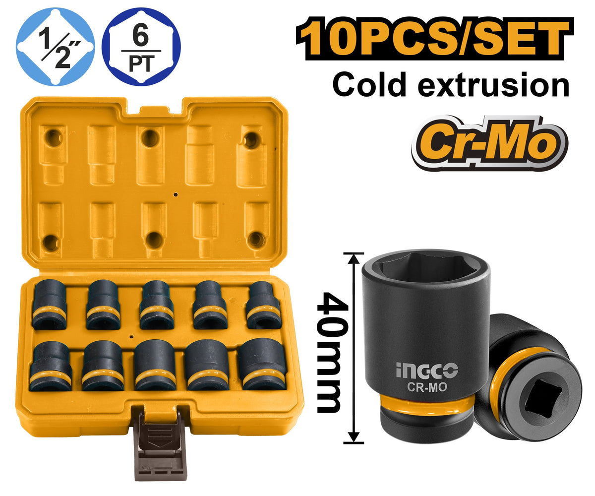 INGCO 10pcs 1/2" DR. CR-MO Standard Impact Socket set 10-24mm HKISSD12101