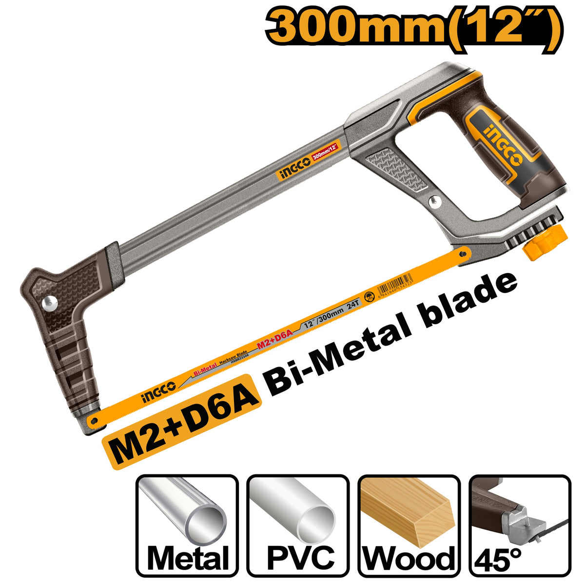INGCO Heavy Duty Adjustable Tension Hacksw Frame 12" 300mm HHF3188