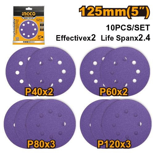 INGCO 10pcs 5" Purple Orital Sanding Disc 2XP40&P60,3XP80&P120 AKRS125101