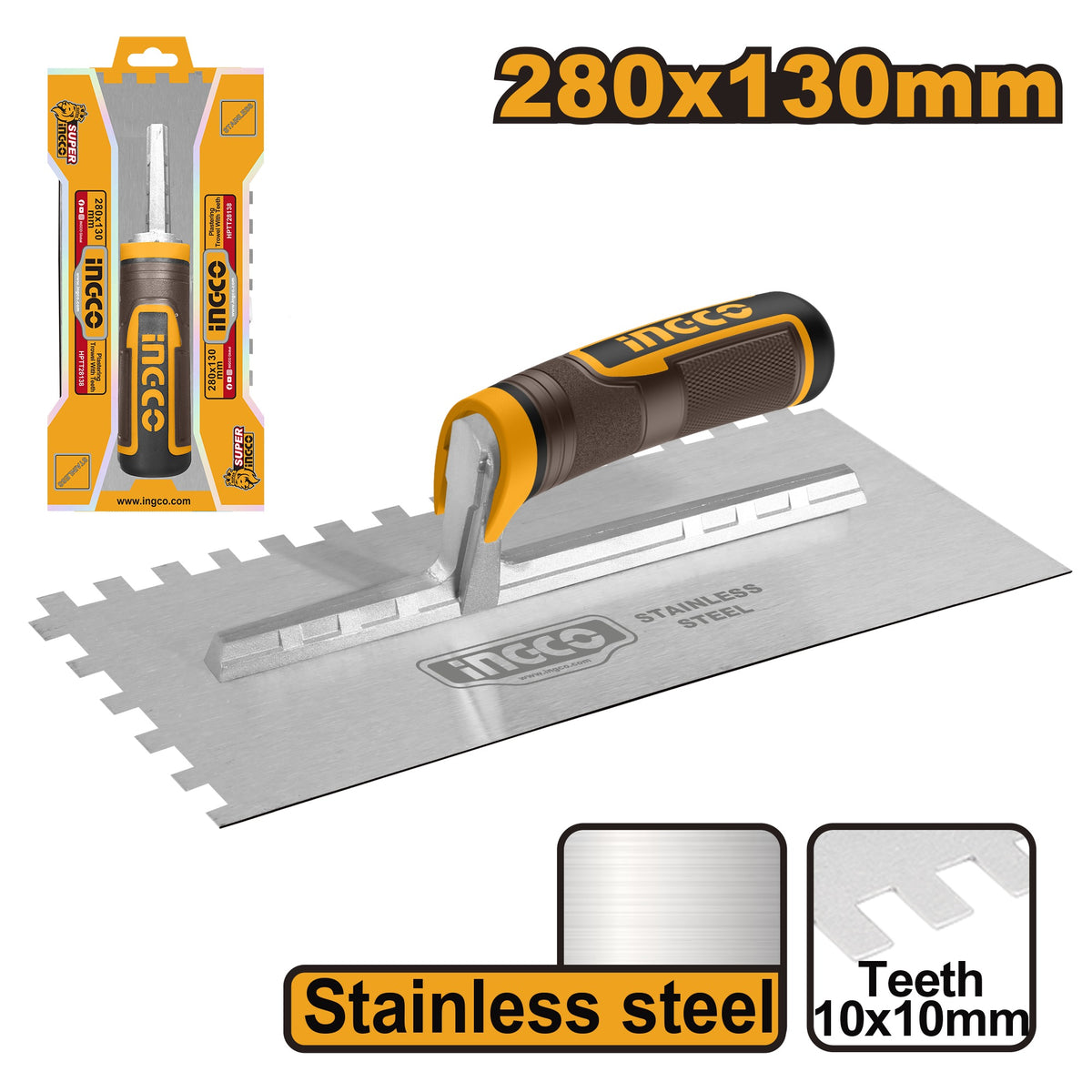 INGCO Stainless Steel Plastering Trowel with Teeth 280X130mm HPTT28138