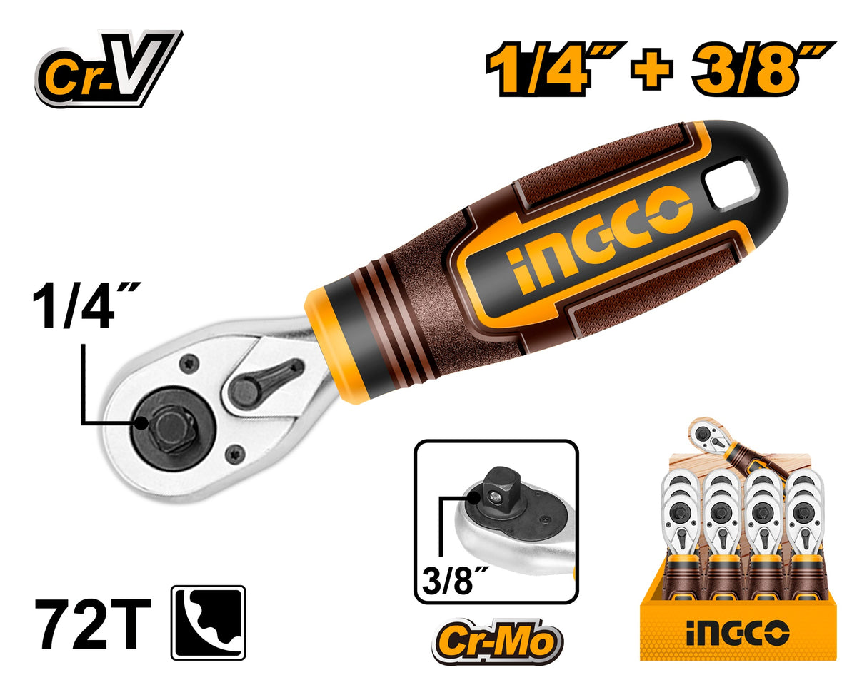 INGCO 1/4' & 3/8" Stubby Ratchet Handle 72T HRTH081438
