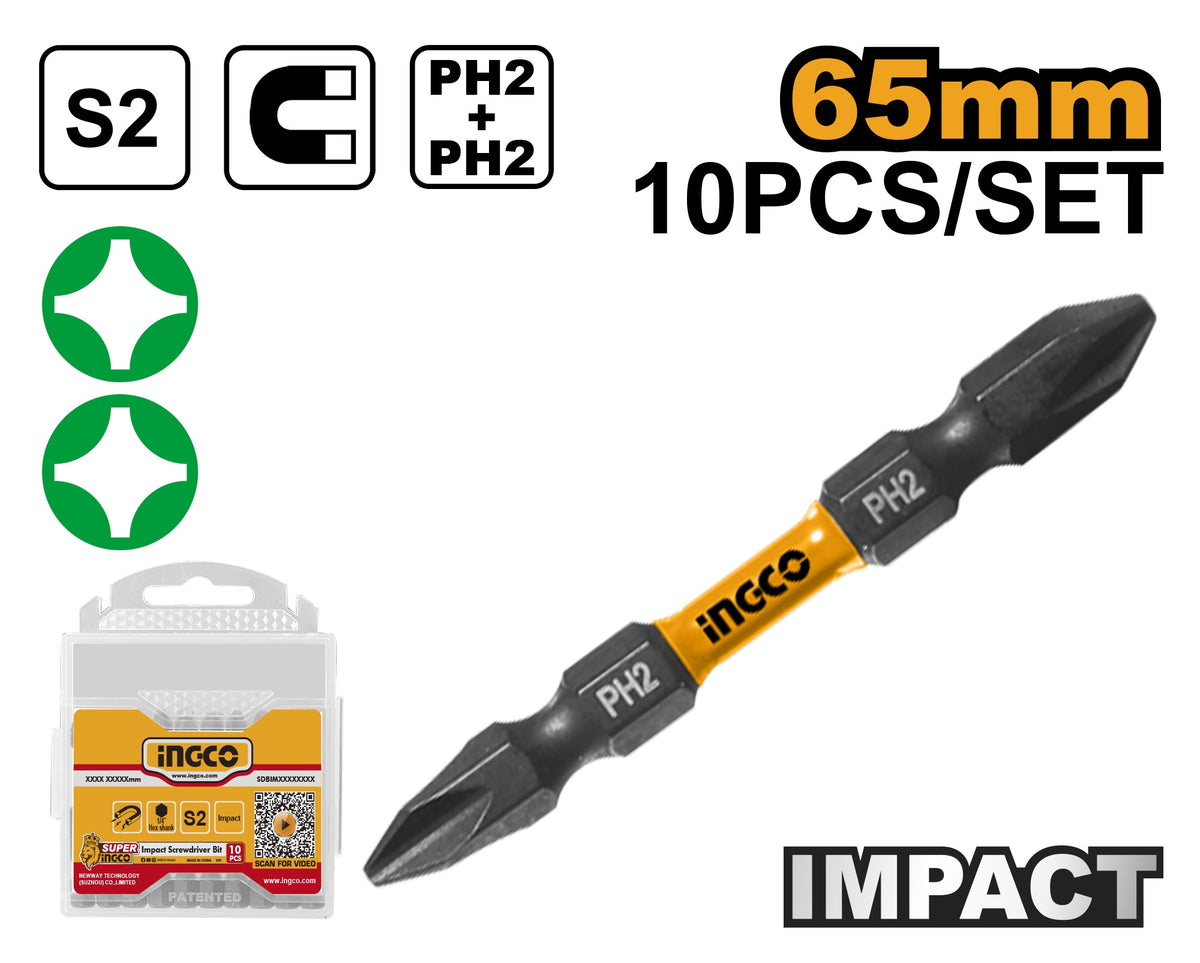 INGCO 10pcs Double End High Impact Screwdriver Bit, (+)2X65mm 3 SDBIM21PH23