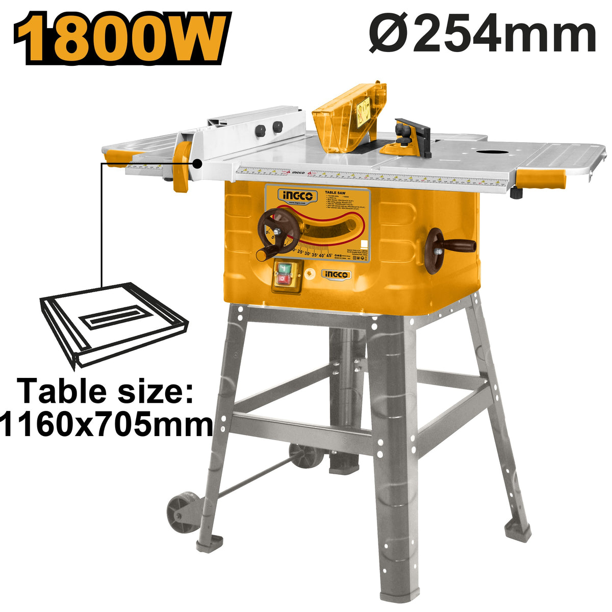 INGCO Table Saw with Foldable Wheel Stand 10" 254mm 1800W TS180028