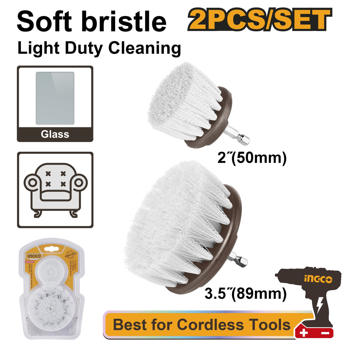 INGCO 2pcs 1/4" Hexa Shank Soft Bristle Brush set WCBS3235