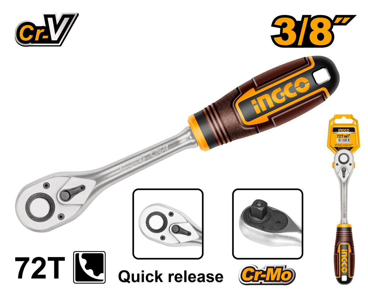 INGCO 3/8" DR. Ratchet Handle 45T Length 205mm HRTH0838