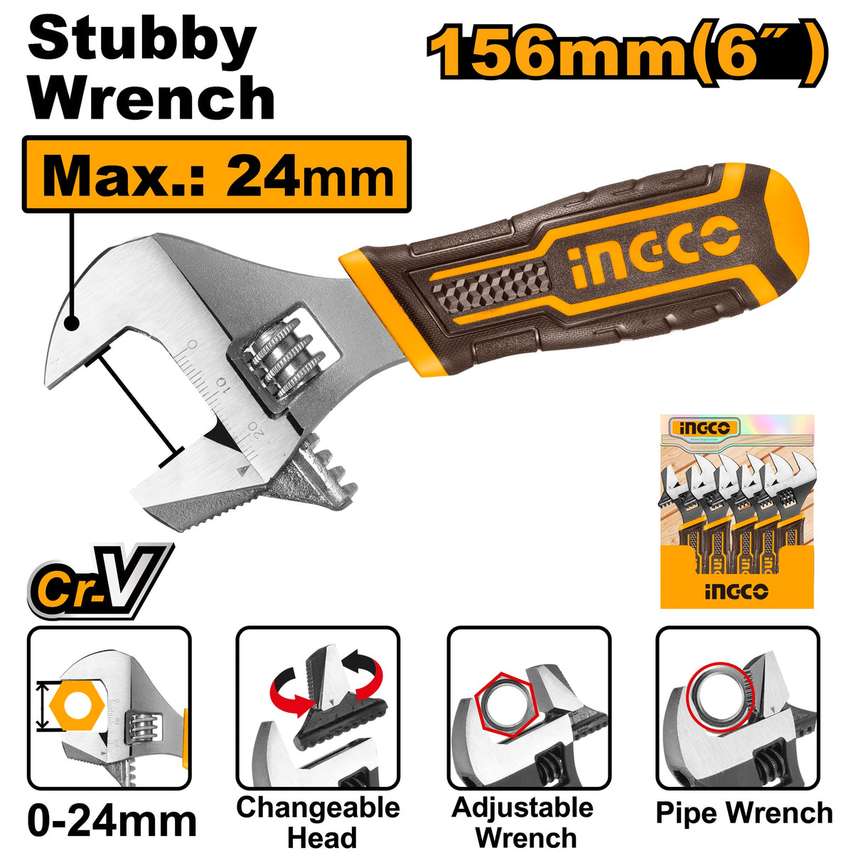 INGCO 2 in 1 Stubby Adjustable Wrench 156mm 6" HADWS088