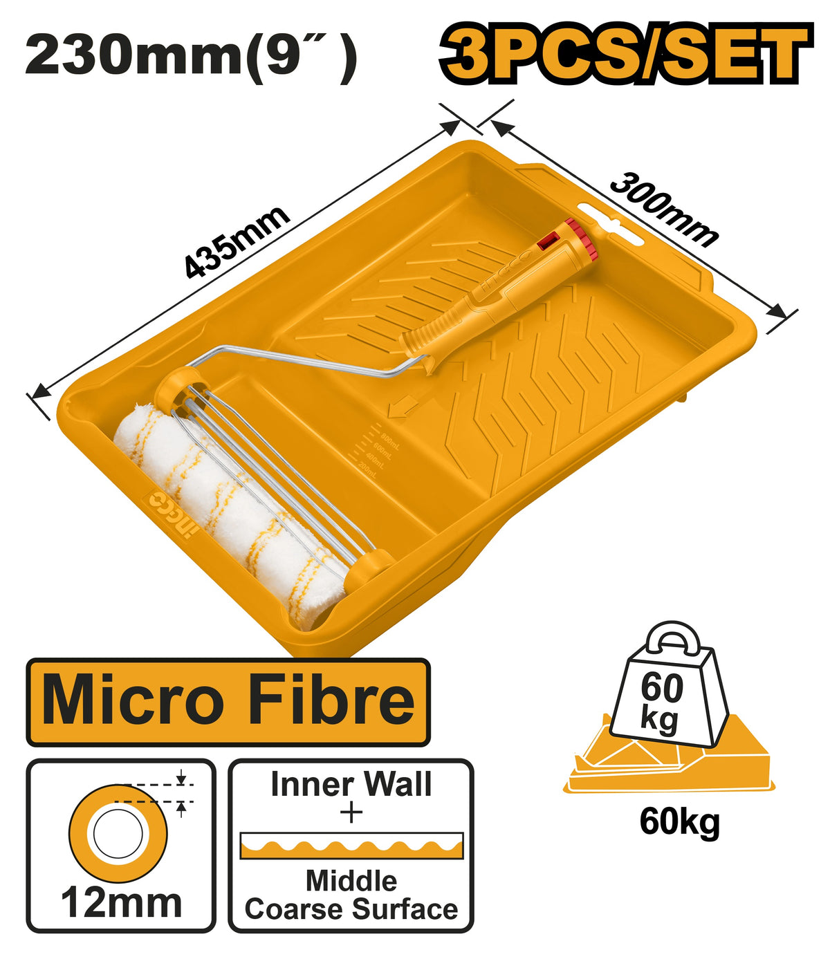 INGCO Paint Roller 9" 12mm Micro Fibre + 10" Tray set HKTCB030912
