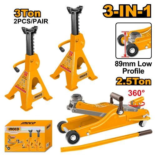 INGCO 2.5 Ton Floor Jack & 2X3 Ton Jack Stands Combo set HJCS2503
