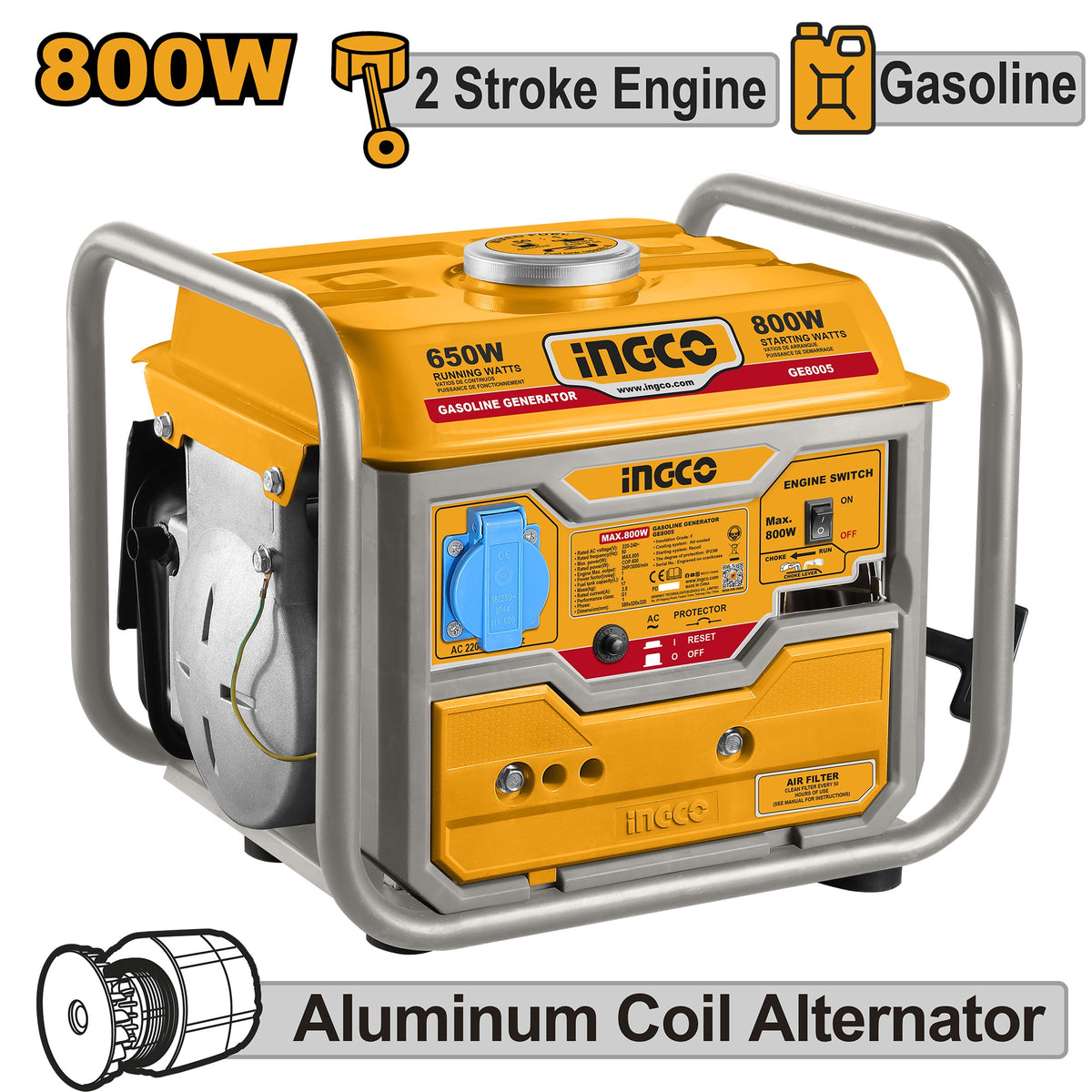 INGCO Portable 2-STROKE Gasoline Generator 800W Rated 650W GE8005