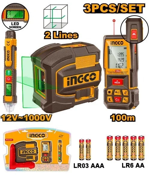 INGCO 3pc 100m Laser Distancer+leveller+voltage Detector Combo COS250908