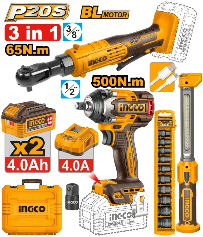 INGCO 3pcs 500Nm Impact WRENCH+65Nm Ratchet WR+300LM Lamp Combo COSLI250981