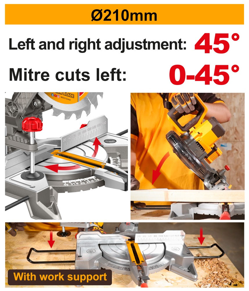 INGCO 20V LI-ION Mitre Saw, 8-1/4" 210mm 25.4mm Bore CMS2021 (Bare Unit) CMSLI2021 – view 2