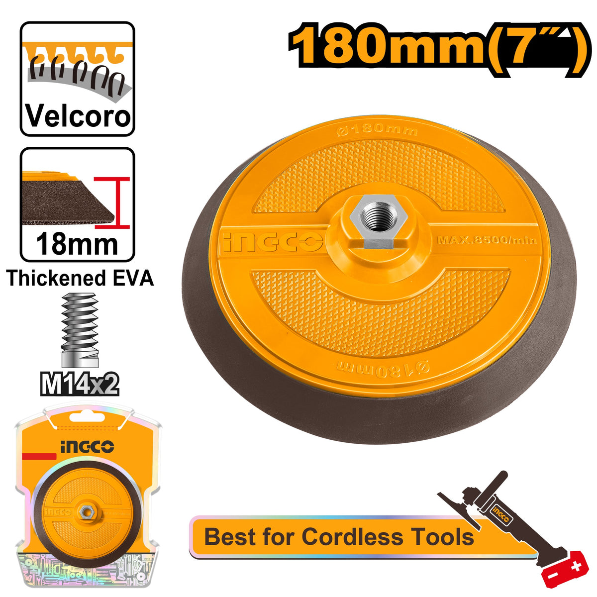 INGCO PP Polishing Pad 180mm with Flange M14X2.0 Velcro Backing APP18051