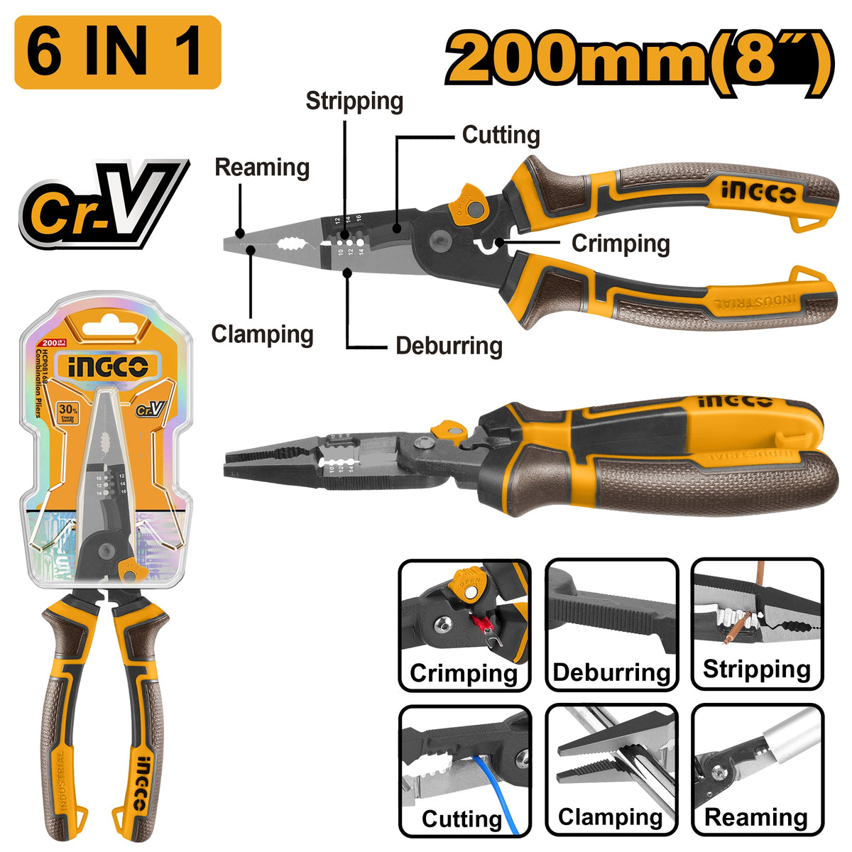 INGCO 6-IN-1 Multi Function Long Nose Plier 8" 200mm 0 HMFLNP2820