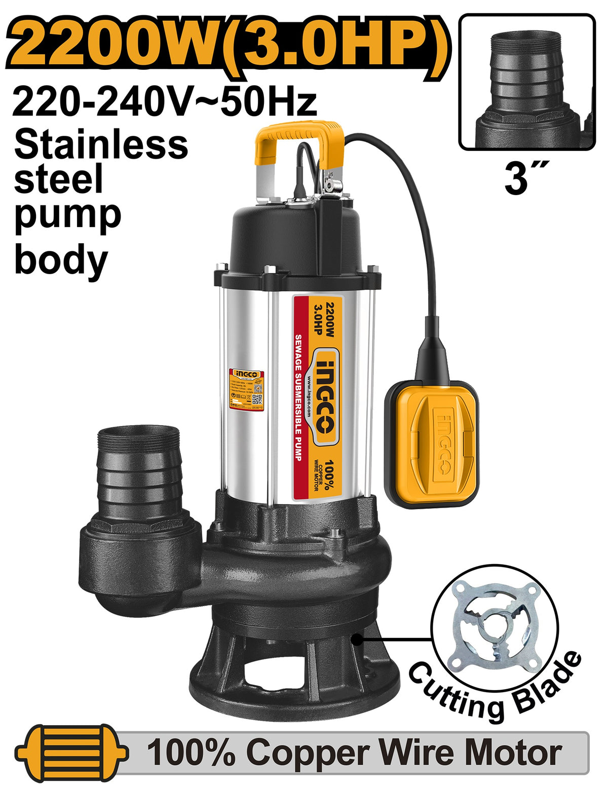 INGCO 3" Ind.sewage Subm Pump W/float 3HP Head 12m Flow 633L/M SPDB220068