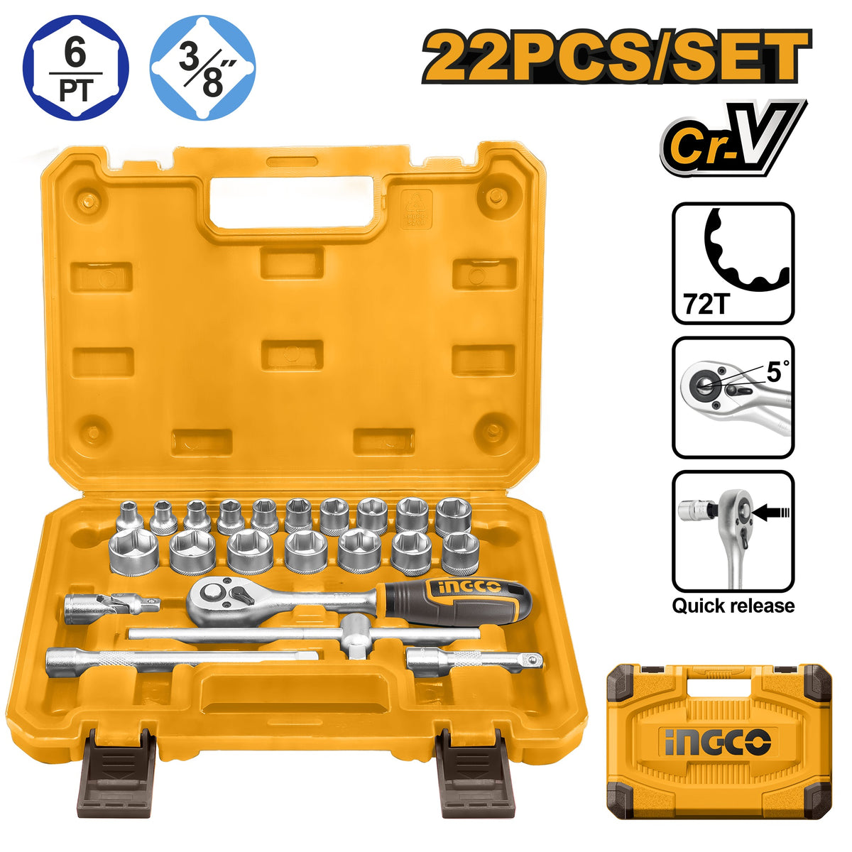 INGCO 22pcs 3/8" DR. Socket set 8-22mm W/72T Ratchet Handle HKTS38221