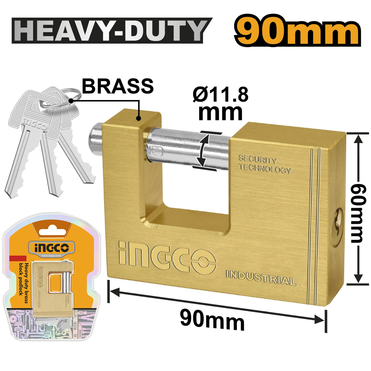 INGCO Heavy Duty 90m Brass Block Padlock DBBPL0902