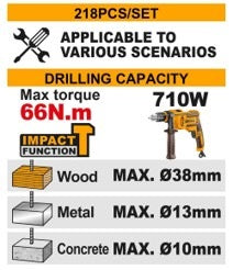 INGCO 20V Impact Drill 66Nm in 218pcs Tool Kit set HKTHP42182 – view 2