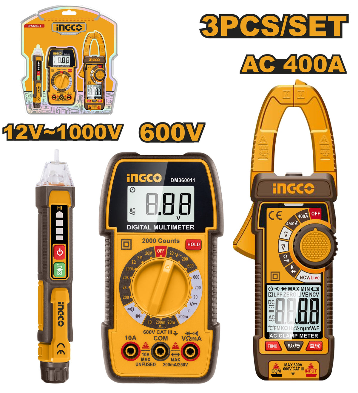 INGCO 3pcs DM360011+DCM62001+VD100091 Electrical Test Kit DM3069
