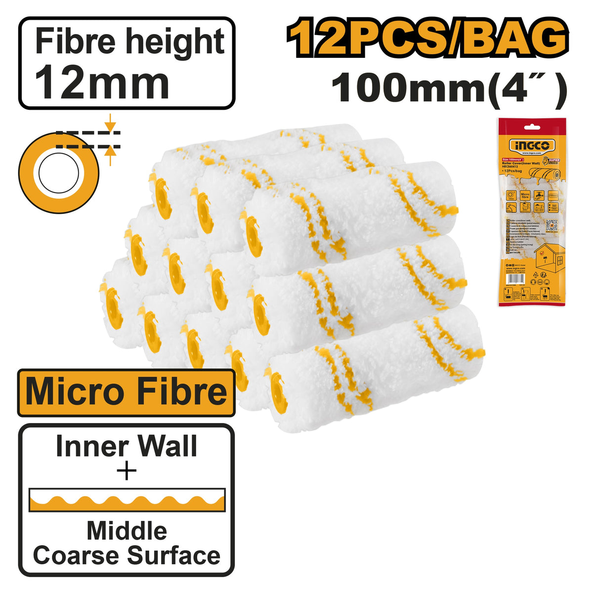INGCO Paint Roller Refill Micro Fiber 4", 12pcs in Bag HRC560412