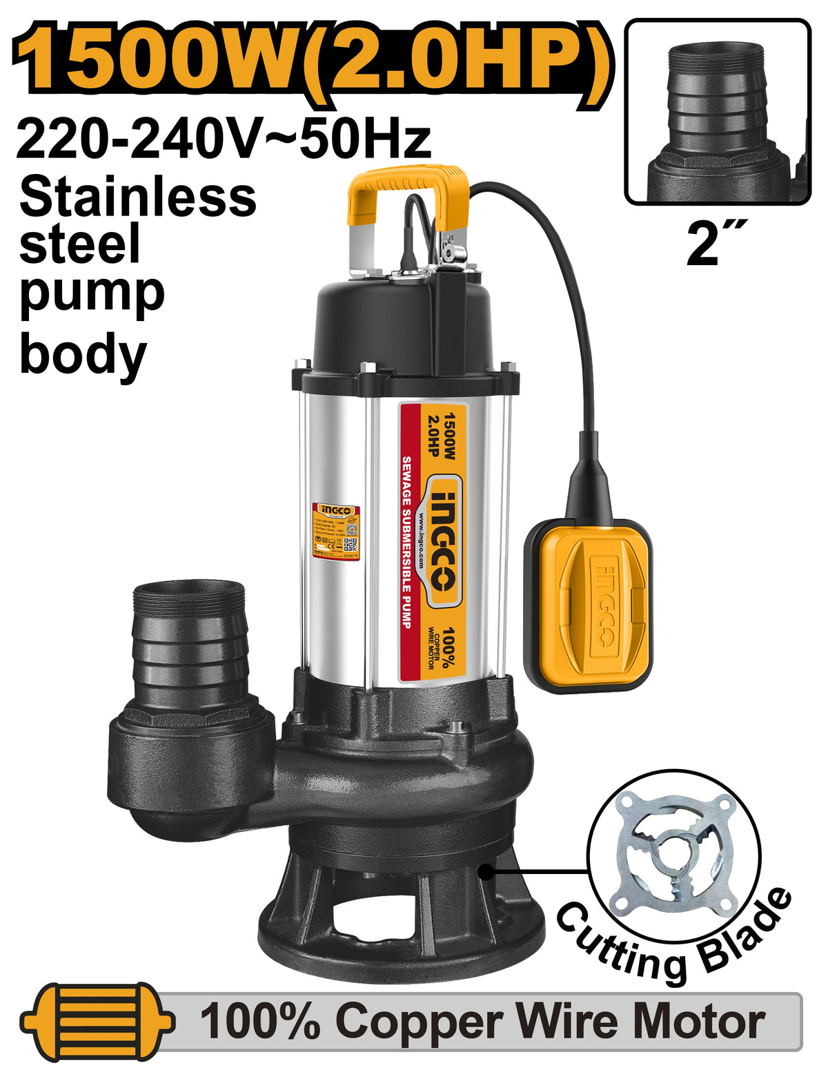 INGCO 2" Ind.sewage Subm Pump W/float 2HP Head 14.5m Flow 350L/M SPDB150068