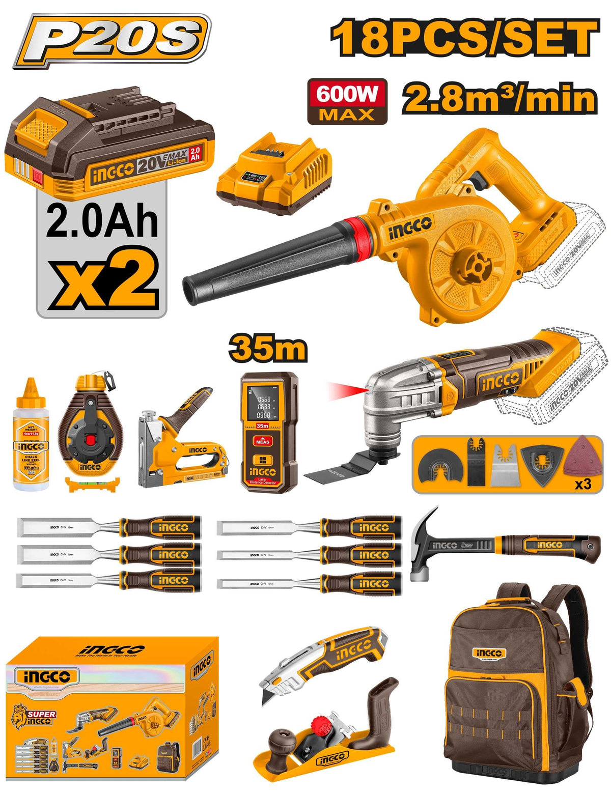 INGCO 18pcs 20V BL Multi Tool+blower+ Woodworking Tools set COS26206