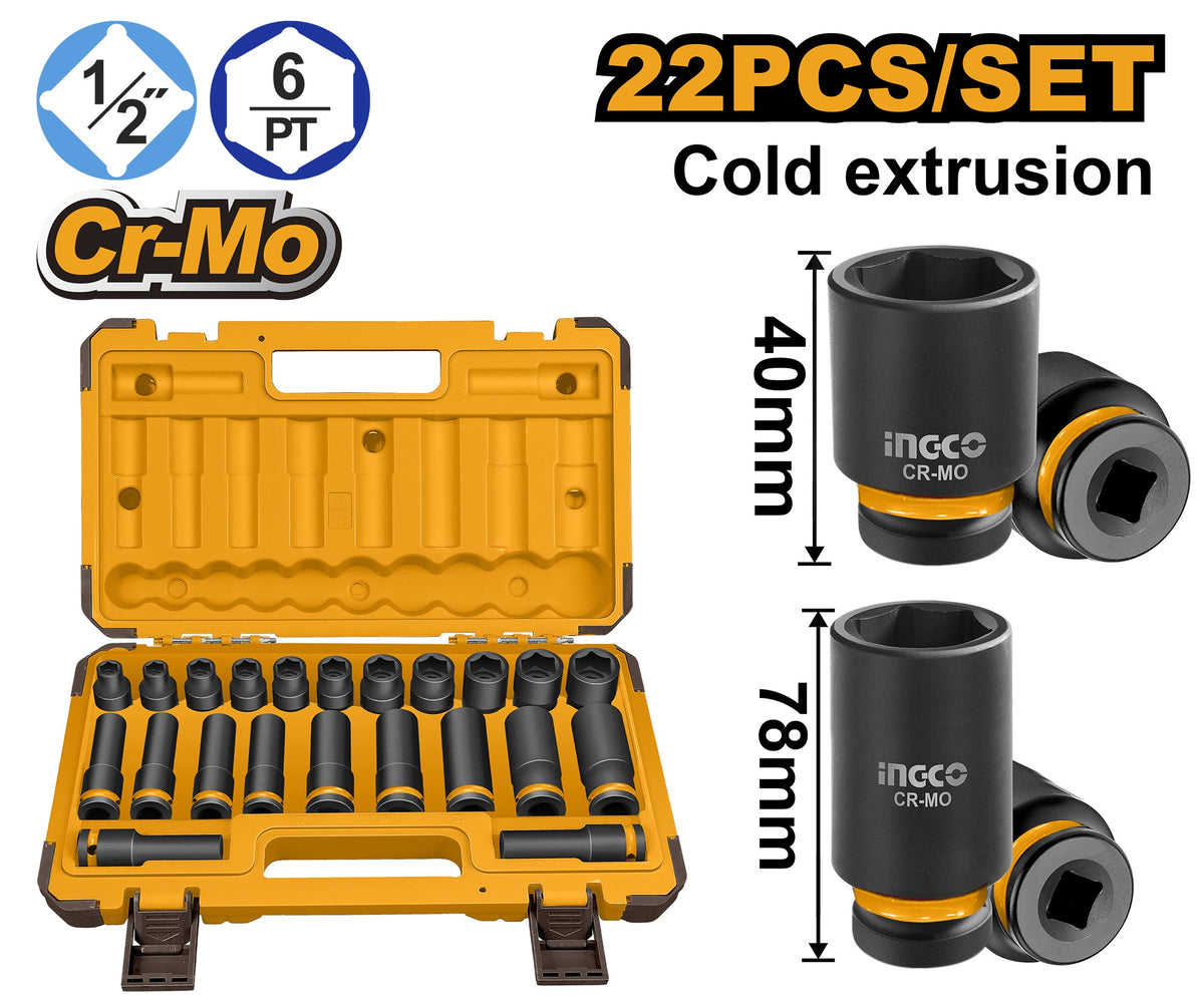 INGCO 22pcs 1/2"DR CR-MO Std & Deep Impact Socket set 10-24mm HKISSD12221L