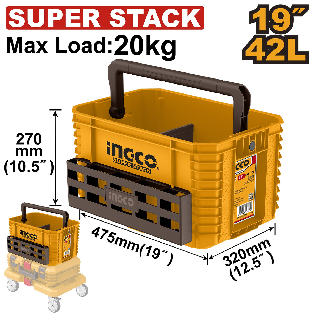 INGCO 19" Stackable Plastic Tool Tote 475X320X270mm PBXS104