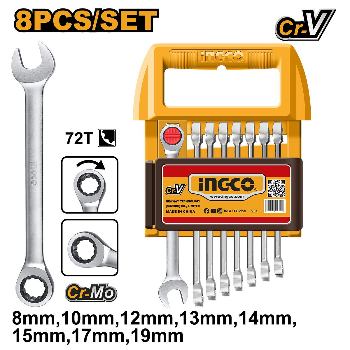 INGCO 8pcs Ratchet Combi Spanner set 8,10,12,13,14,15,17,19 HKSPAR2082
