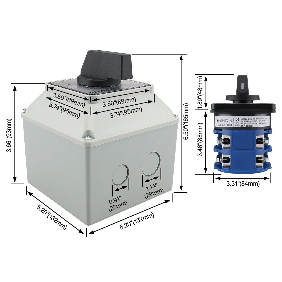 Baomain Universal Rotary Changeover Switch 125A 660V LW28-125/D202.2D with Master Switch Exterior Box LW28-125/4 8 Terminals 3 Position 2 Phase