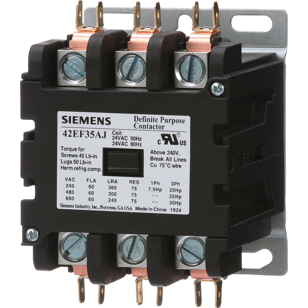 SIEMENS 42EF35AJ Definite Purpose Contactor, 24VAC, 3P, 60A