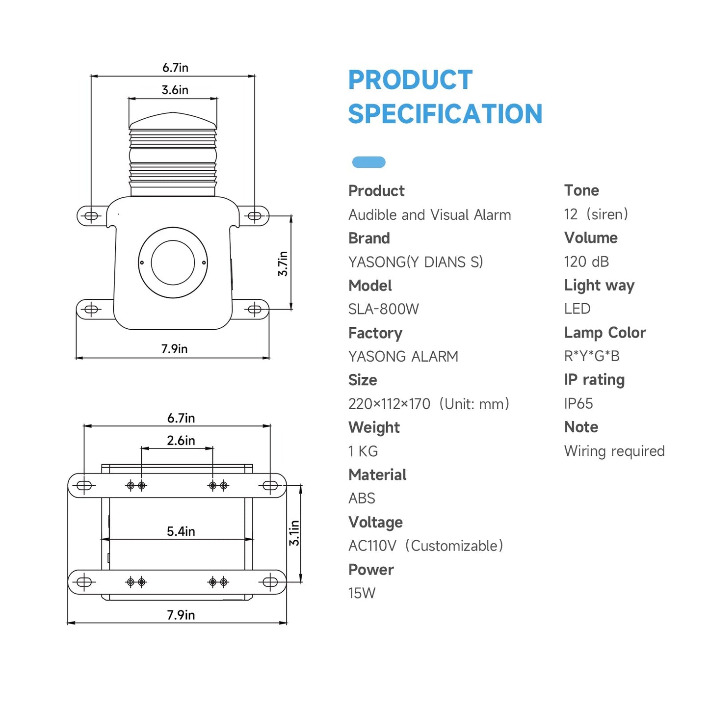 YASONG Motion Sensor Alarm Siren 120dB Loudspeaker Adjustable Sound and Tone Waterproof LED Sirens Motion Detector Tirgger Alarm Systerm for Warehouse, Parking lots and School SLA-800W