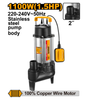 INGCO 2" Sewage Submersible Pump with Float – 1.5HP MAX 15MH, 22M3/HR