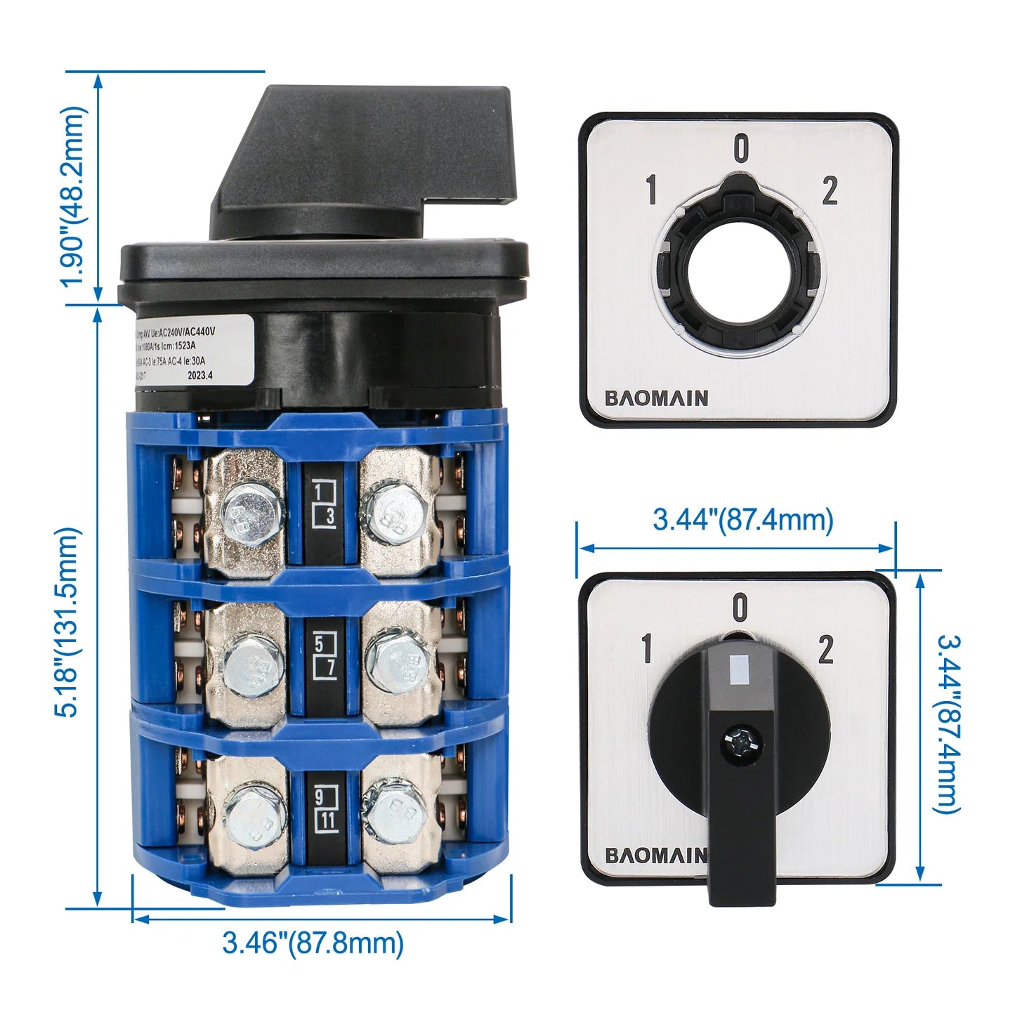 Baomain 160A Rotary Selector Cam Changeover Switch, SZW26-160/D303.3 AC 660V 3 Positions 3 Phase 12 Terminals Cam Switch