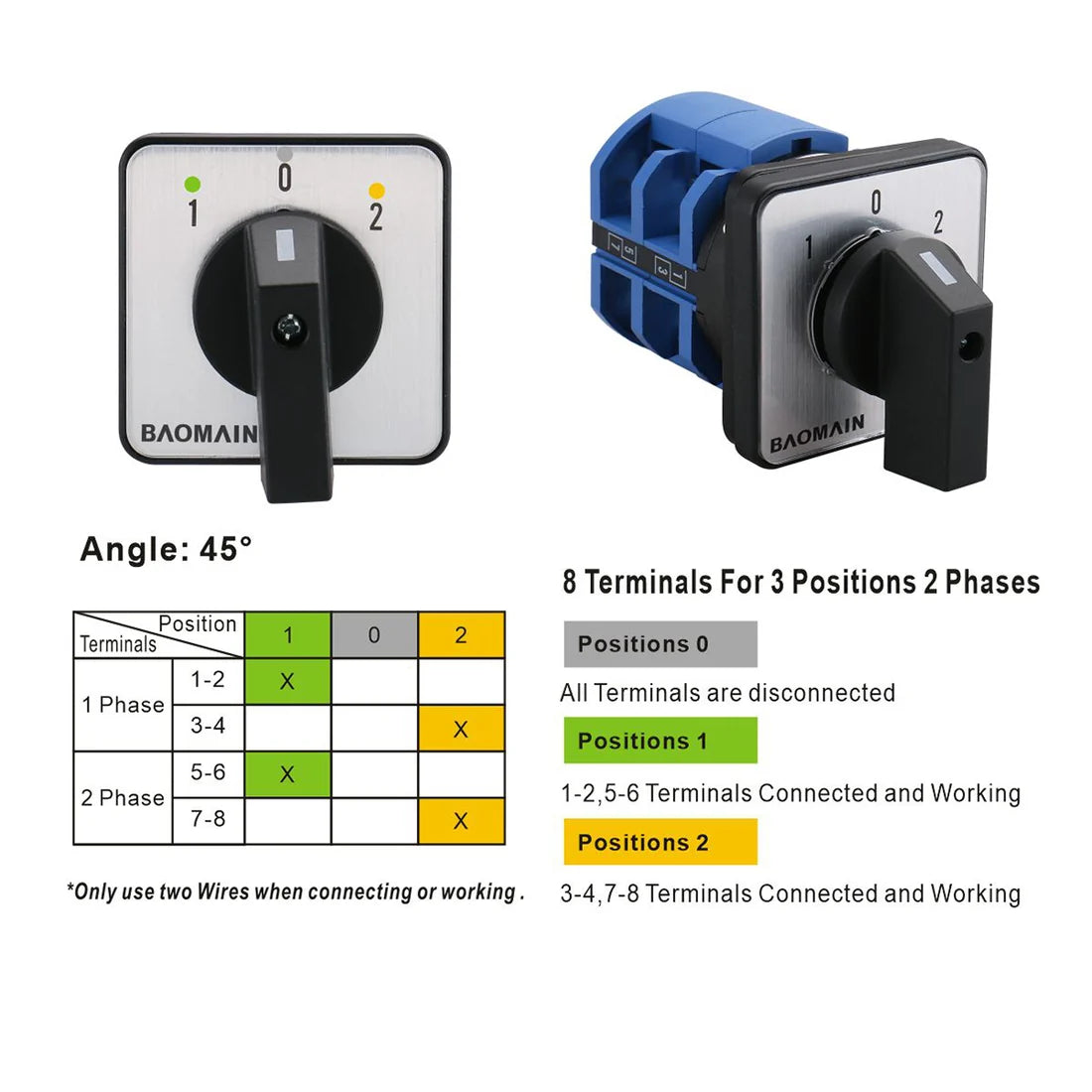 Baomain Universal Rotary Selector Changeover Cam Switch SZW26-63/D202.2 660V 63A 3 Position 3 Phase 8 Terminals