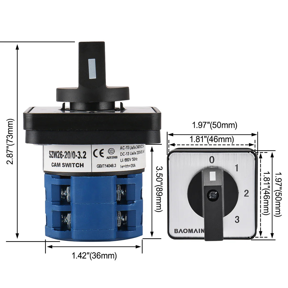Baomain Changeover Rotary Cam Switch 20A SZW26-20/0-3.2 660V 4 Postion 8 terminals