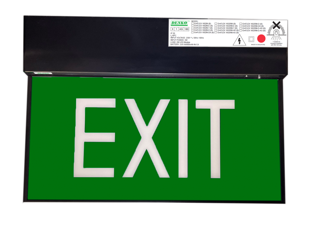 Denko 2W LED SLIM EMERGENCY EXIT SIGN (BLACK), DOUBLE SIDED WITH ARROW EACH SIDE, SURFACE MOUNTED C/W NICD BATTERY FOR DC DURATION 3 HRS