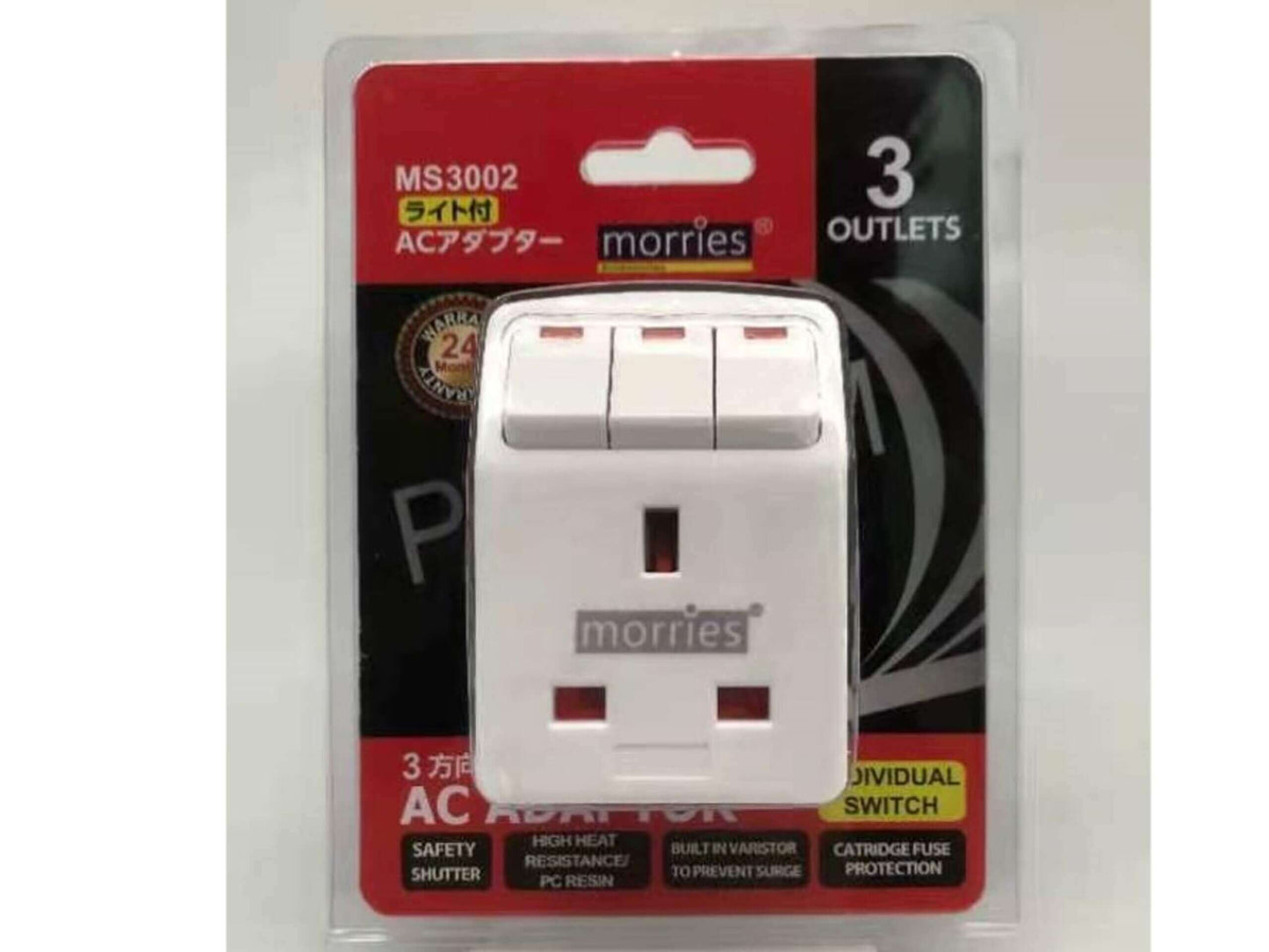 Morries 3 Way Adaptor With Switch and Surge Protection