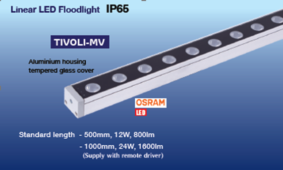 Tivoli-MV linear outdoor aluminium Led fixture (IP65) Lenght 1000mm c/w 1 x 24W 4000K Led lamp and remote loose driver