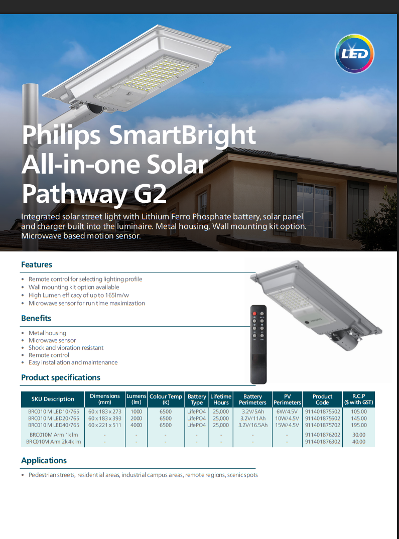 Philips All-in-one Solar Pathway G2 BRC010 M LED10/765 solar (911401875502) x 112pcs
