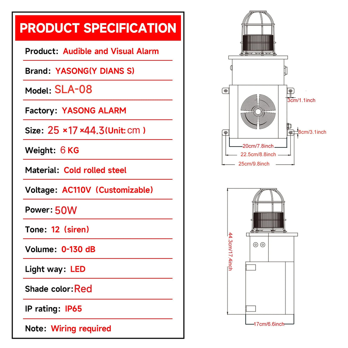 Yasong Alarm Siren 130dB Horn Speaker 50W Adjustable Volume and Tone Anti-collision Outdoor Sirens Alarm System with Strobe Light for Factories, Terminals, Ports Emergency Alarm Range About of 100-150 Meters