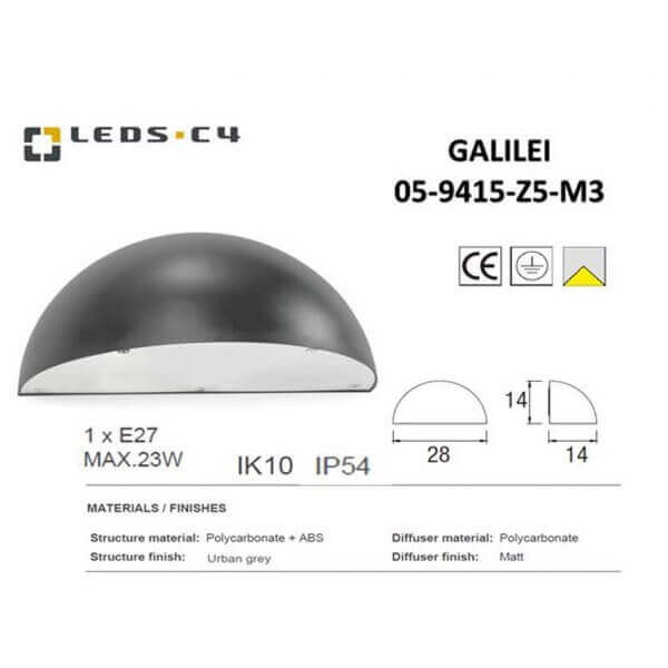 LEDS.C4 GALILEI 05-9415-Z5-M3 1xE27 IP54 IK10 23W Out Door Wall Light-Fixture-DELIGHT OptoElectronics Pte. Ltd